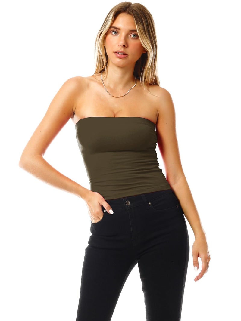 MixMatchy Women's Solid Casual Summer Side Shirring Scrunched Double Layered Tube Top 3PACK - Black/White/Dark Olive M - Image 2